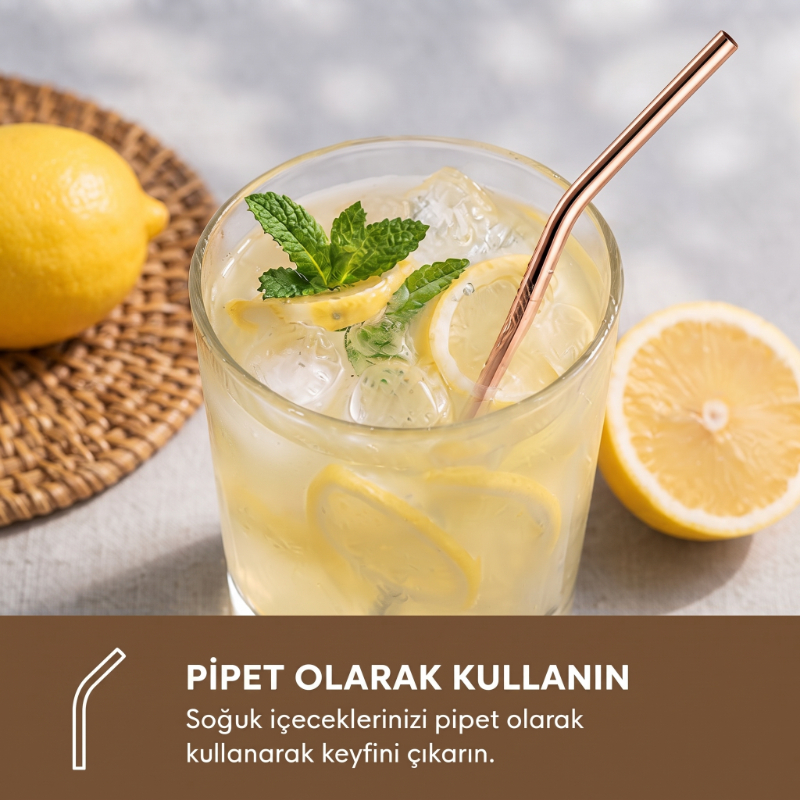 6'lı Kaşıklı Pipet Seti - Bronz - Pipet Temizleme Fırçası - 3